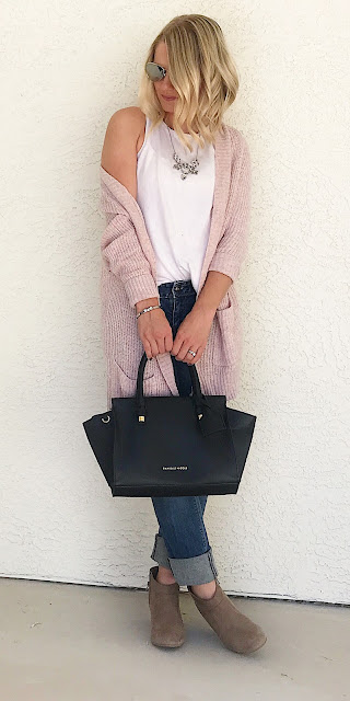 Thrifty Wife, Happy Life- Layered look with blush cardigan with distressed jeans
