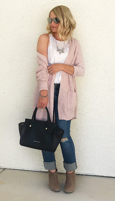 Thrifty Wife, Happy Life- blush cardigan with distressed jeans
