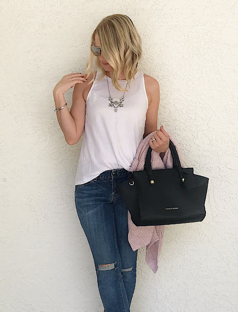 Thrifty Wife, Happy Life- Layered look with blush cardigan with distressed jeans