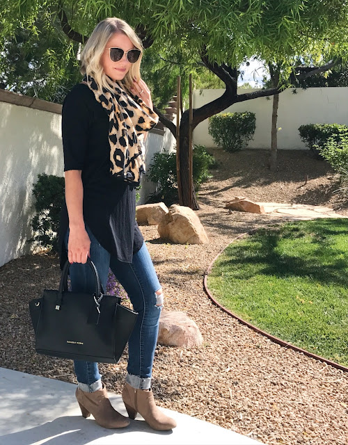 Thrifty Wife, Happy Life || Fall look with black top, distressed jeans, ankle boots and leapord scarf