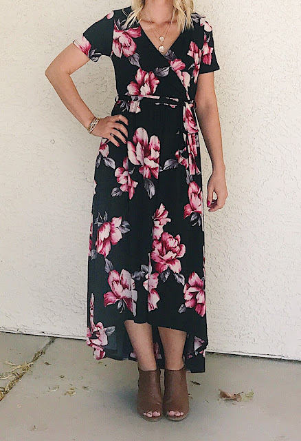 Thrifty Wife, Happy Life || winter floral hi-low wrap dress with Pink Blush