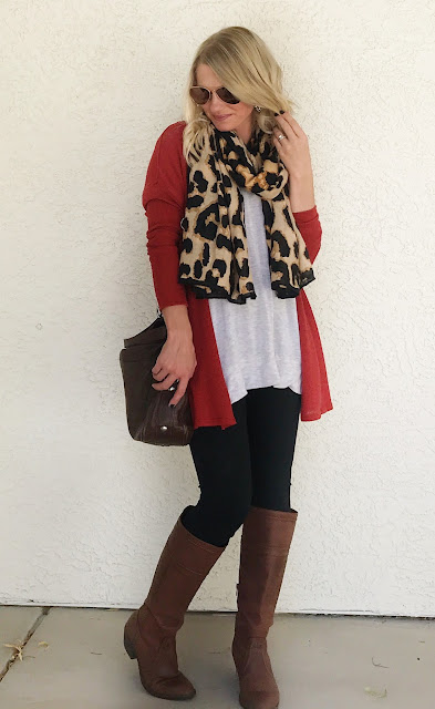 Thrifty Wife, Happy Life- Orange cadigan with leggings and leopard scarf