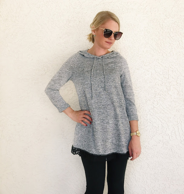 Thrifty Wife, Happy Life | Casual grey hoodie sweater with lace trim