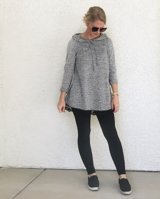Thrifty Wife, Happy Life | Casual grey hoodie sweater with lace trim