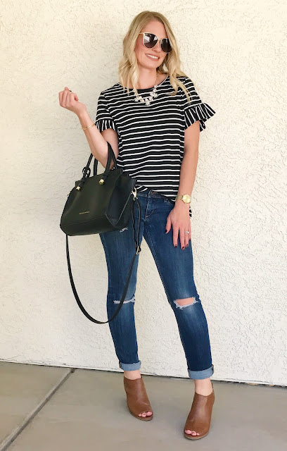 Thrifty Wife, Happy Life- Shein Reveiw- Stripe top with ruffle sleeves
