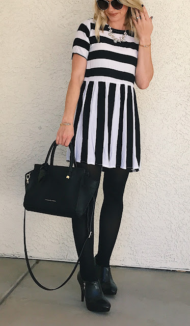 Thrifty Wife, Happy Life || Stripe dress with black tights and booties