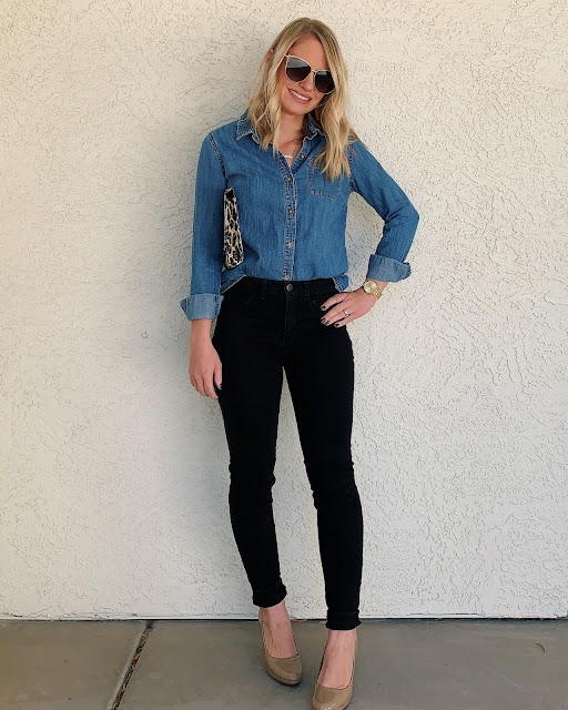 Black jeans, denim shirt and leopard print