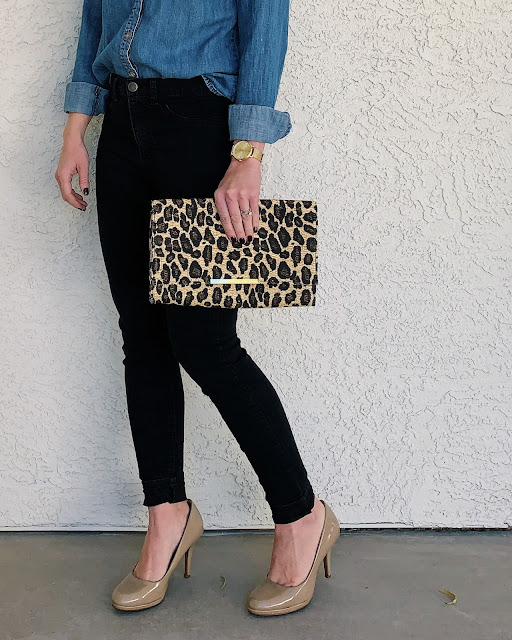 Black jeans, denim shirt and leopard print