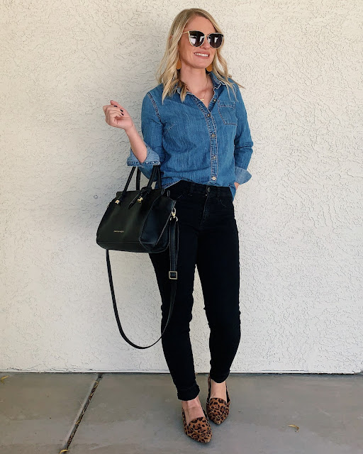 Black jeans, denim shirt and leopard print