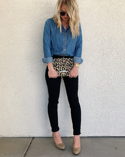 Black jeans, denim shirt and leopard print
