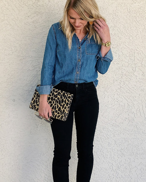 Black jeans, denim shirt and leopard print