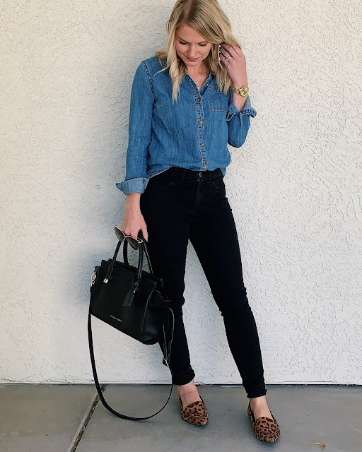 Black jeans, denim shirt and leopard print