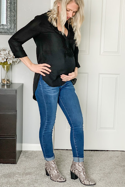 Date night outfit idea with snakeskin booties