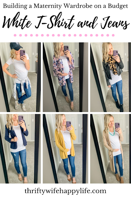 Maternity outfit ideas wearing a white t-shirt and jeans