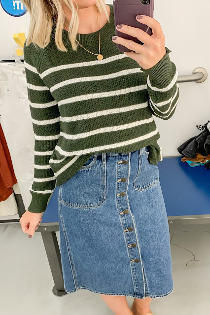 Striped sweater with denim skirt #stripes #denimskirt
