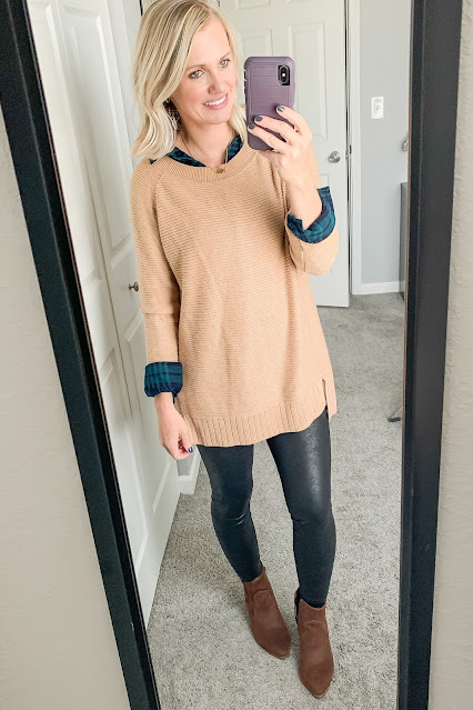Thanksgiving outfit idea with plaid shirt layered under sweater