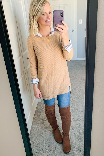 Button-down layered under sweater
