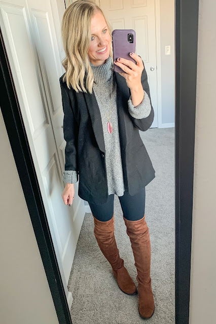 Blazer layered over gray turtleneck