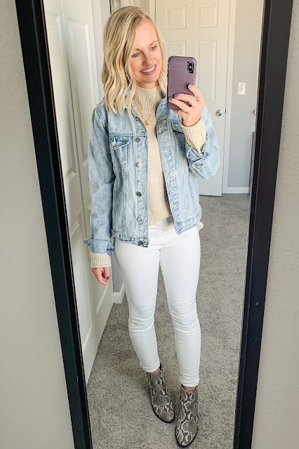 Mock neck sweater with denim jacket