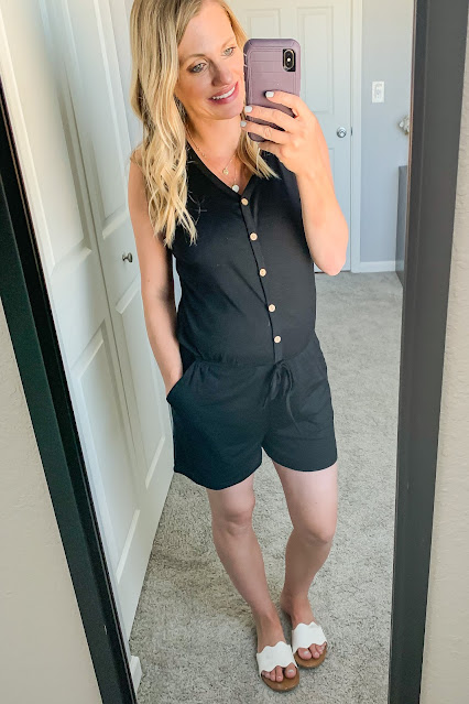 Black button-front romper #romper