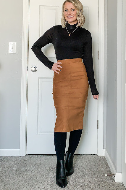 Faux suede skirt styled for winter with turtleneck