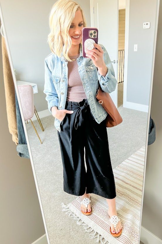 Wide leg pants and a denim jacket
