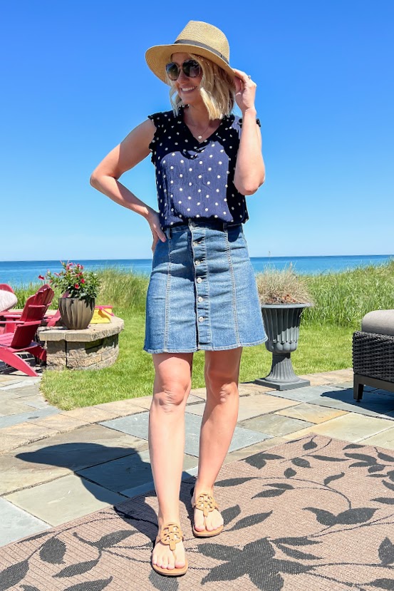 Polka dot shirt with jean skirt