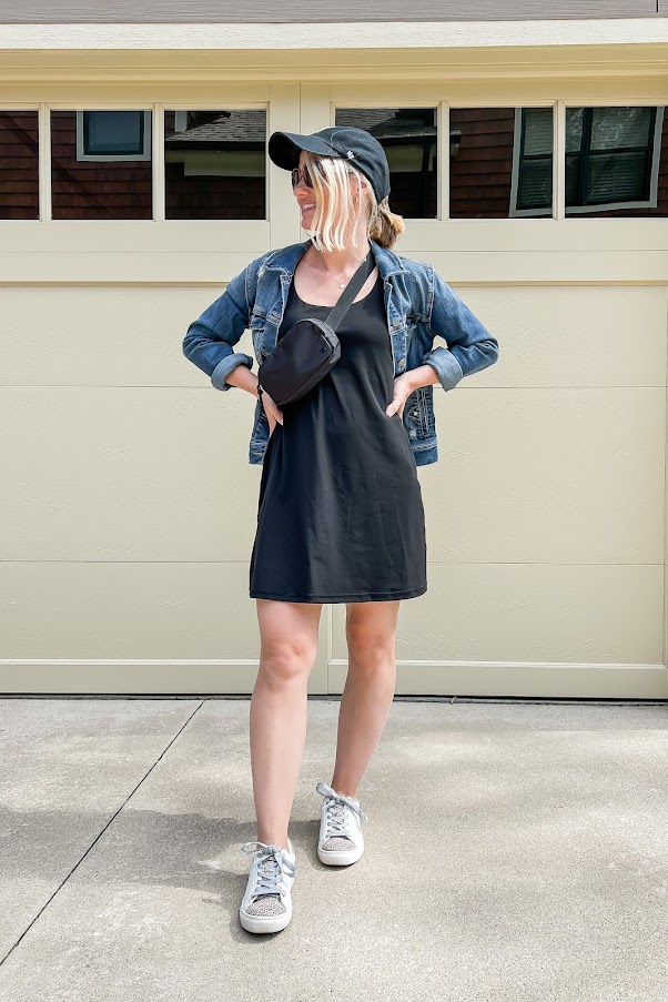 athletic dress with denim jacket