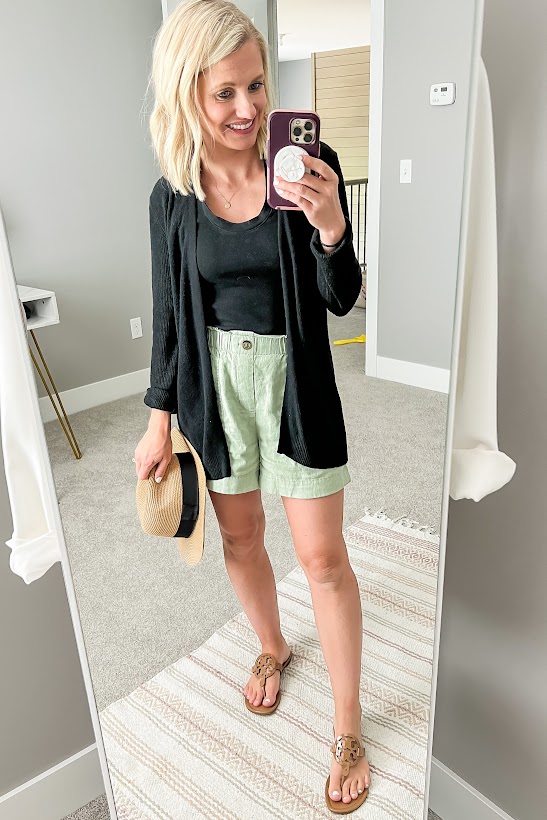 green linen shorts