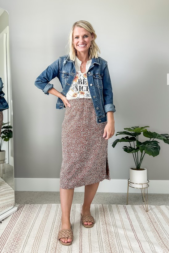 skirt and denim jacket