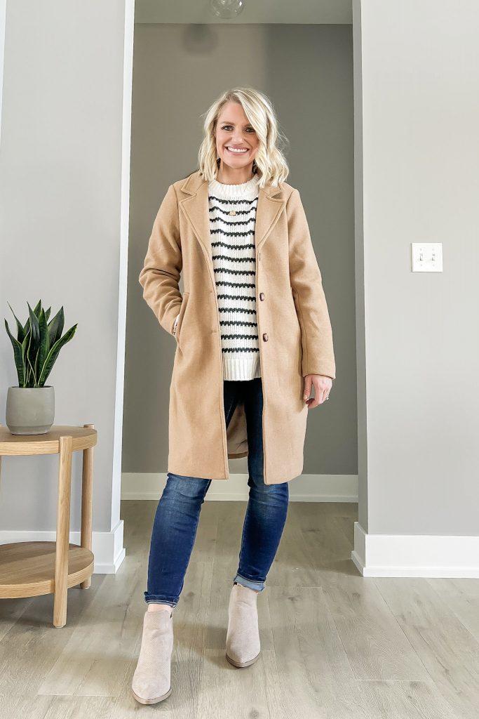 striped sweater with camel coat