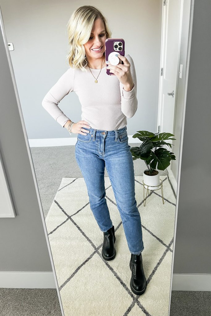 Straight-leg jeans with chelsea boots and boot socks.