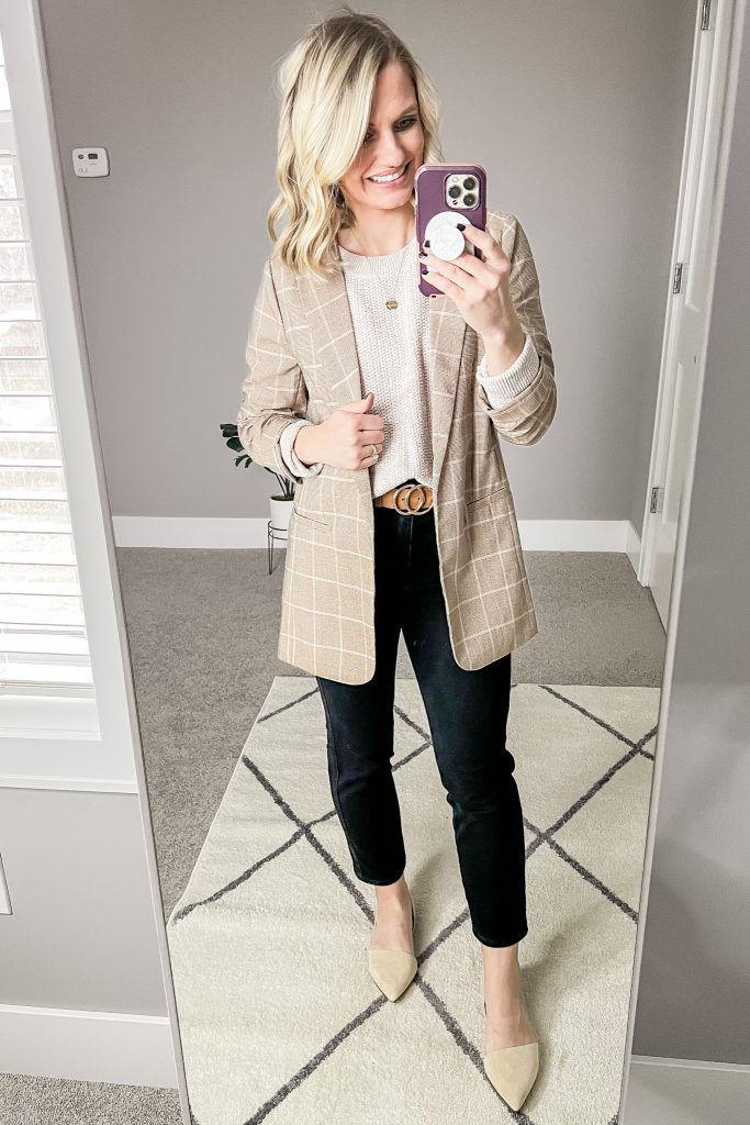 Tan plaid button blazer with a sweater.