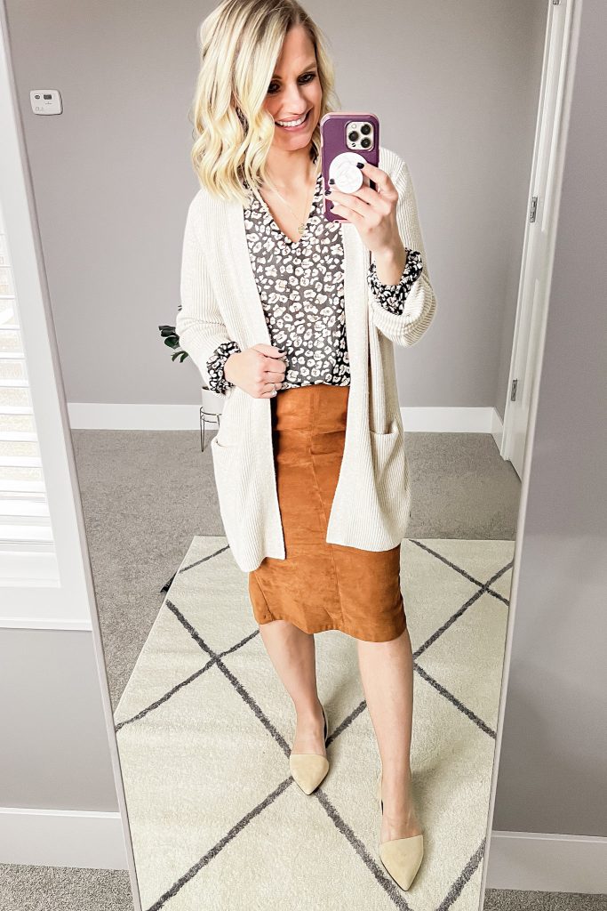 Leopard blouse with cardigan and faux suede skirt.