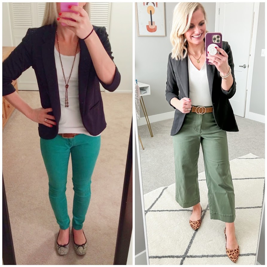 What I wore then vs. What I wore now. Updating this green skinny jean look with a modern pair of wide leg pants.