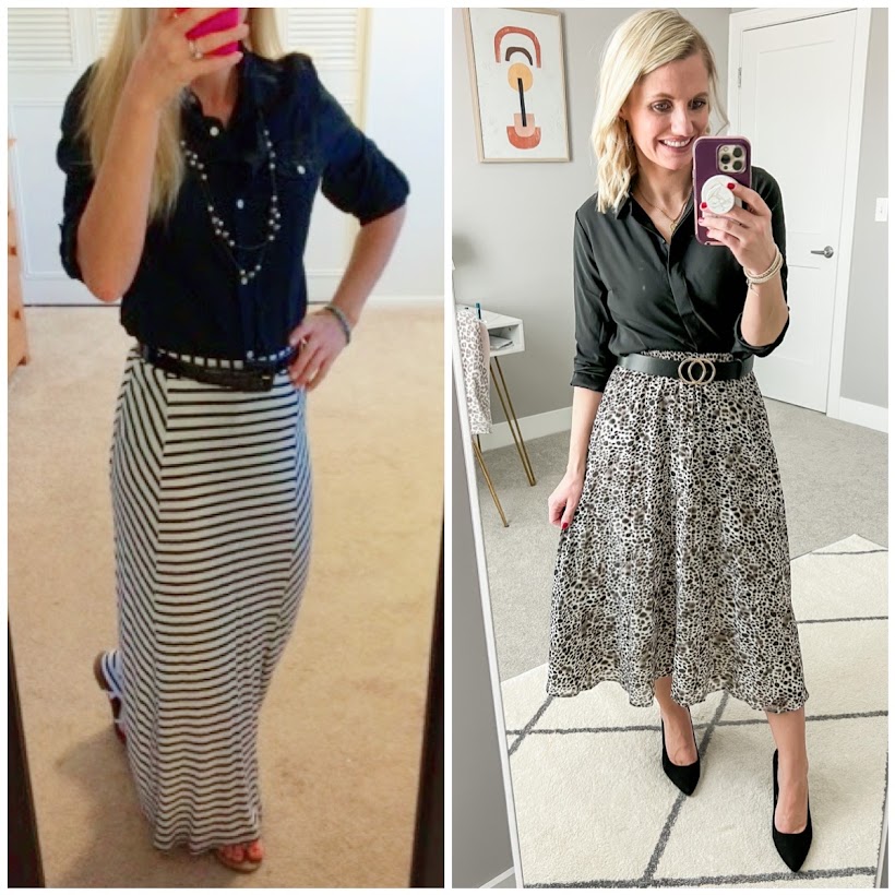What I wore now vs. what I wore then. Updating a maxi skirt with a pleated leopard skirt.