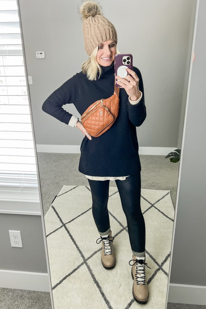 Black turtleneck with leggings and hiking boots