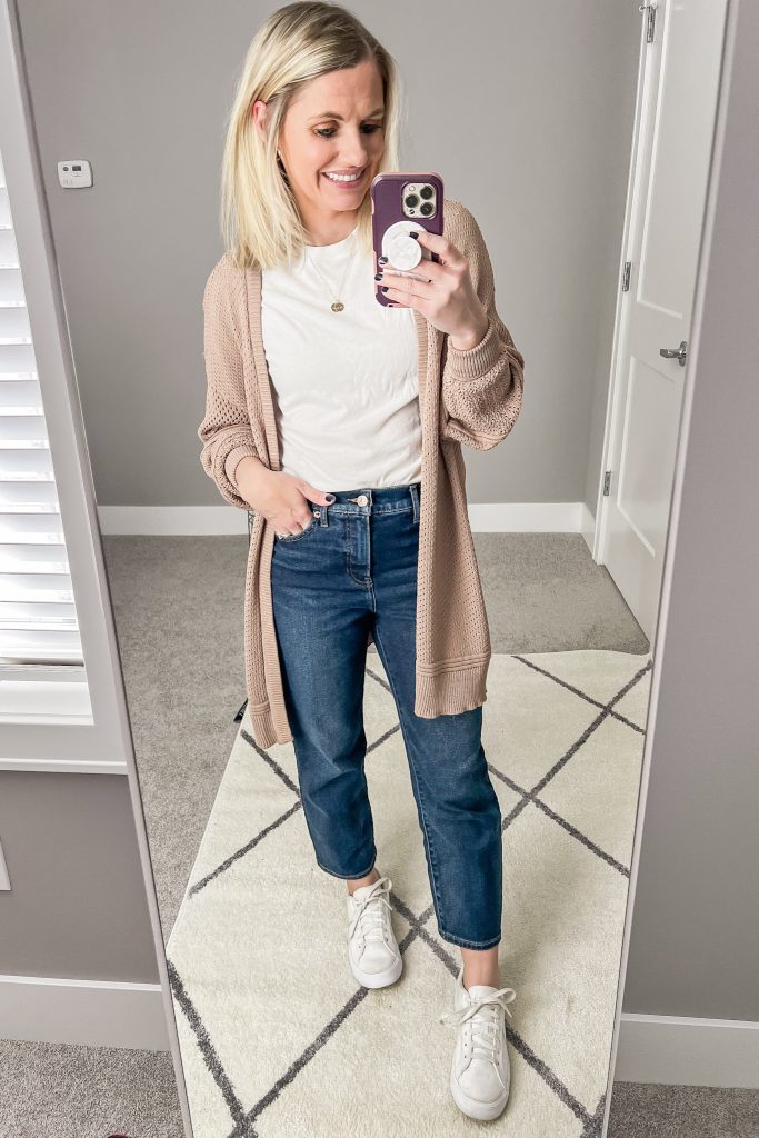 White t-shirt and cardigan.