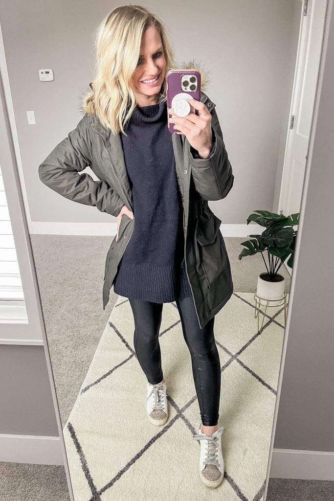 Black turtleneck sweater with leggings