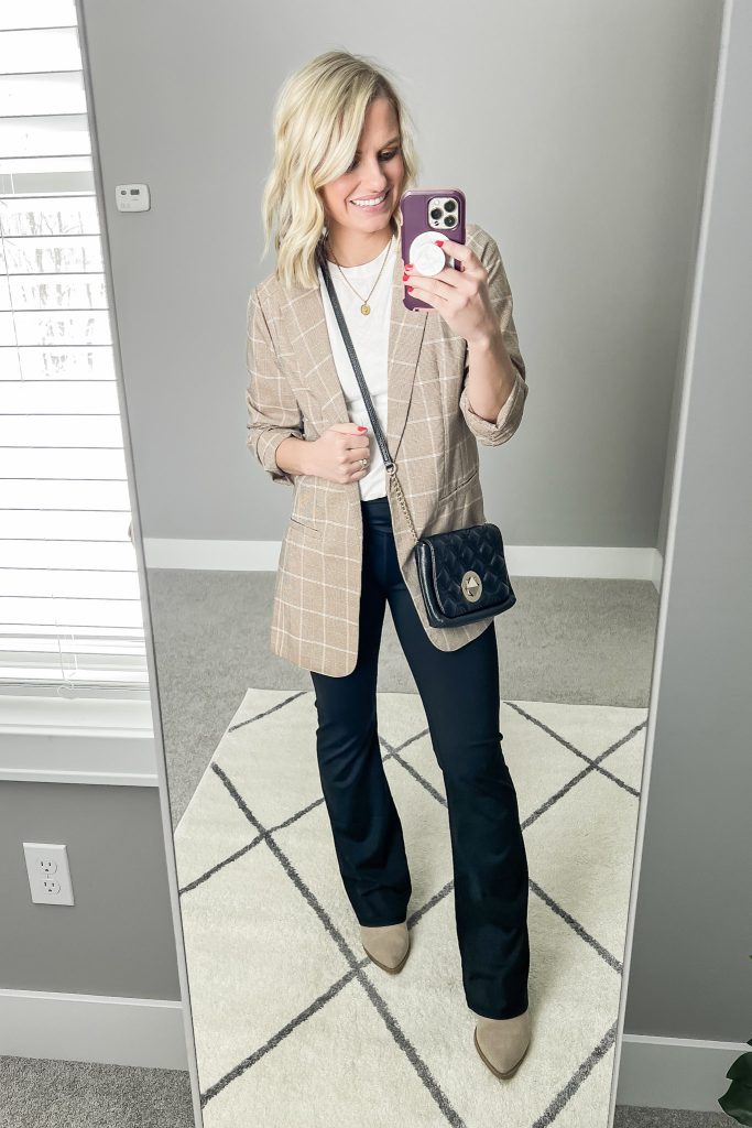 Blazer with flare leggings.