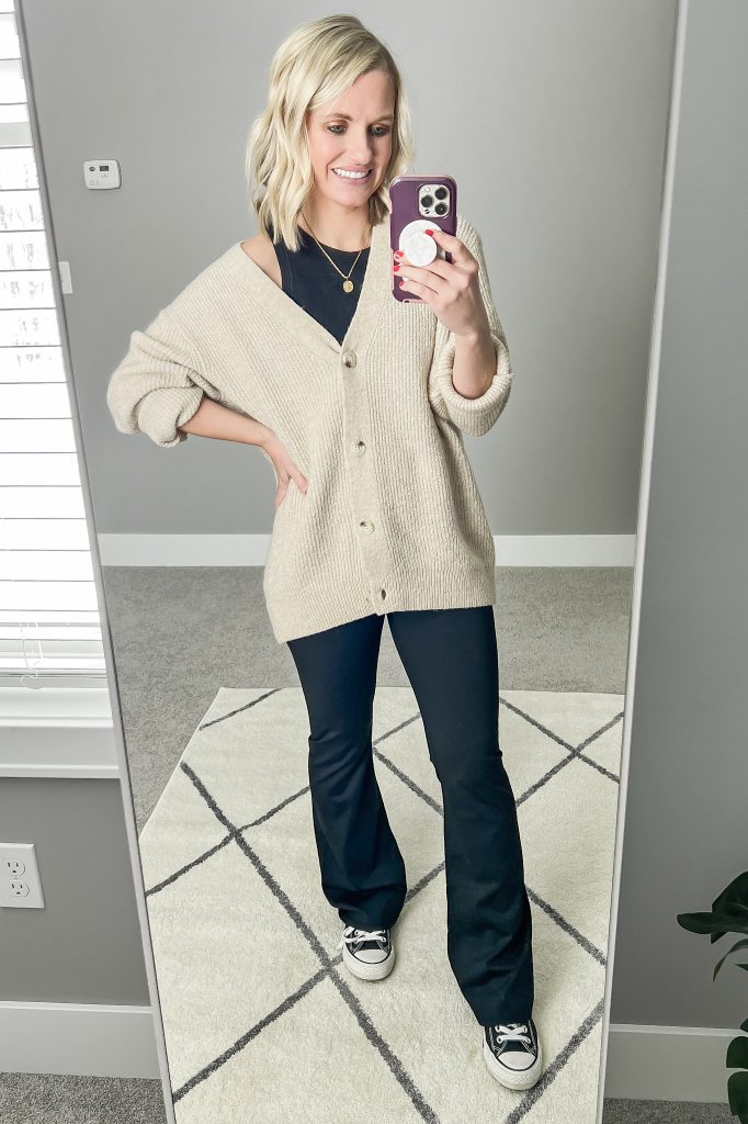 Flare leggings and a button down cardigan