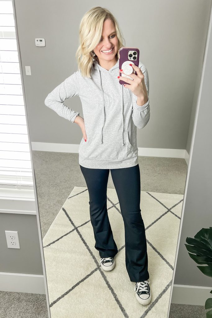Gray hoodie sweatshirt with flare leggings