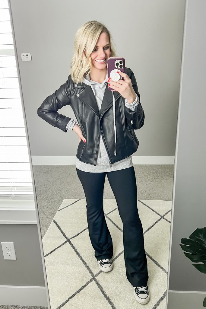 Gray hoodie sweatshirt with moto jacket and flare leggings