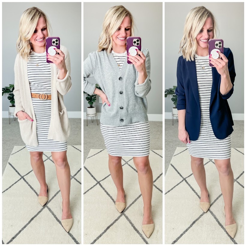 3 ways to wear a striped tank dress for spring capsule wardrobe.
