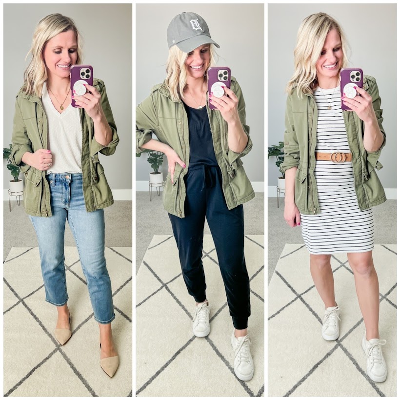 3 ways to style a green utility jacket for spring.