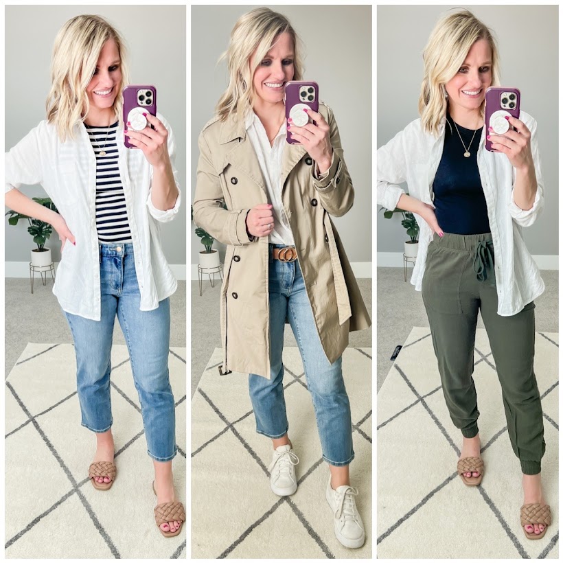 3 spring outfit ideas with a white button down shirt.