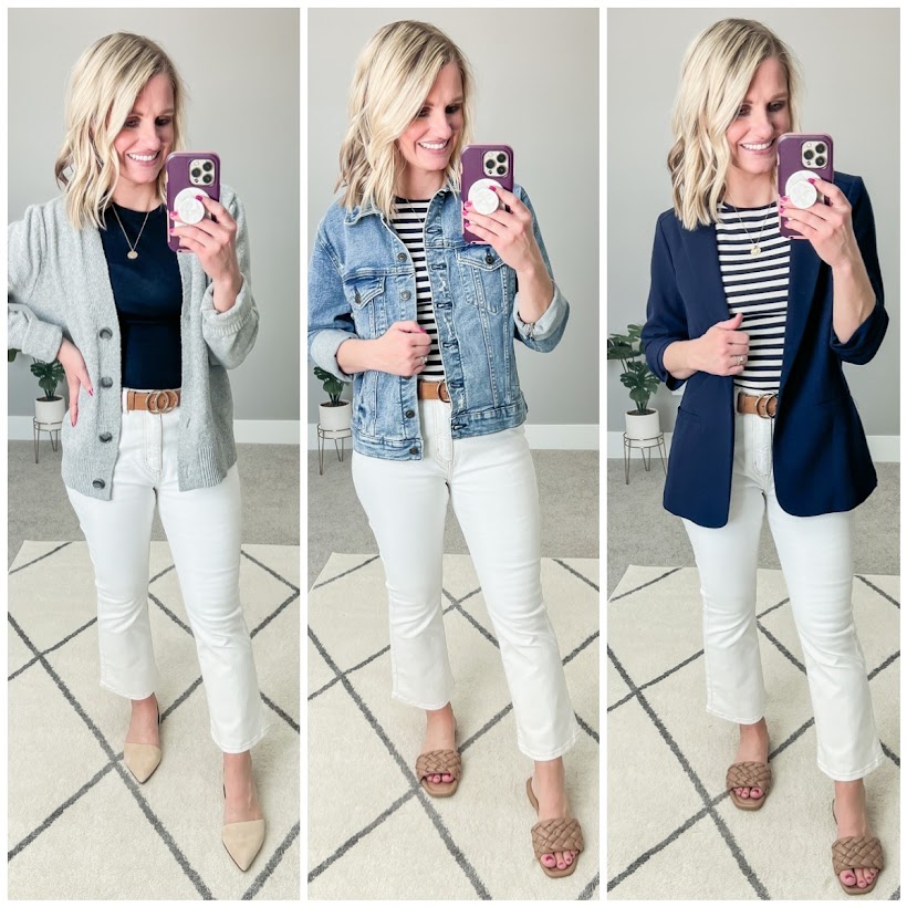 3 ways to style white jeans for spring capsule wardrobe.