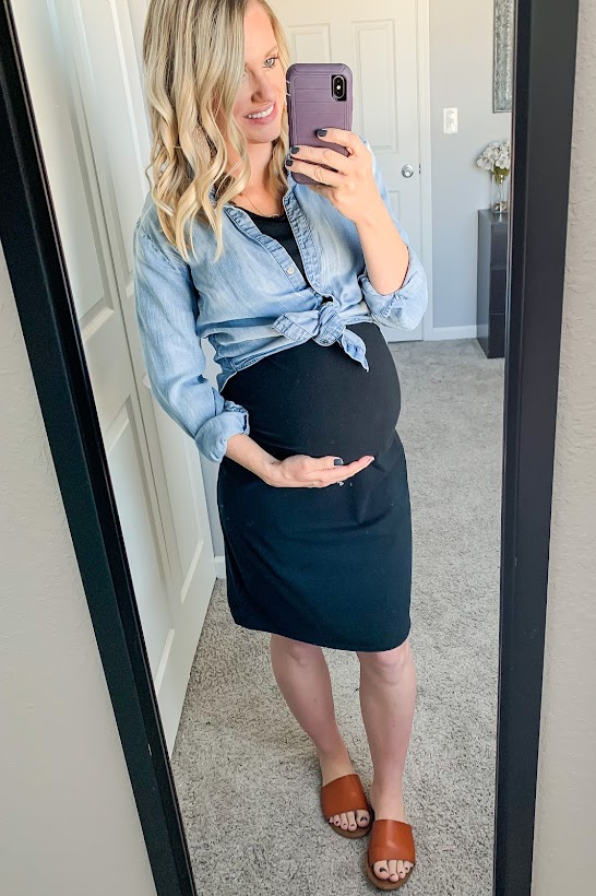 Black maternity dress with chambray shirt.