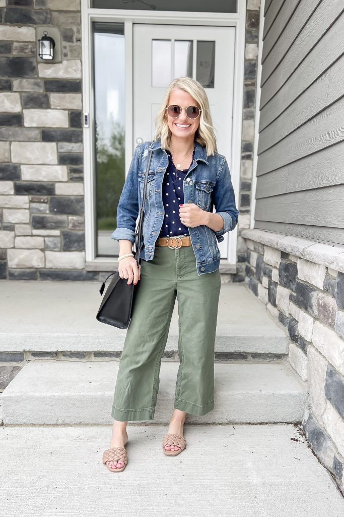 Green wide leg pants styled with a denim jacket.