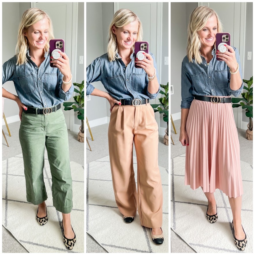 Fall teacher capsule wardrobe- 3 ways to style a denim shirt as a teacher.